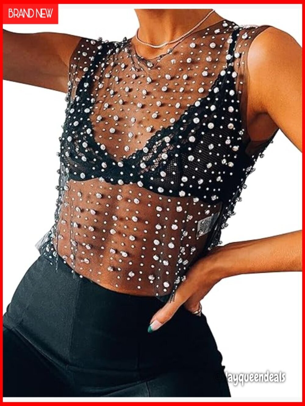 Sheer Mesh Rhinestone Crop Tank Top Sleeveless Crewneck See-Through